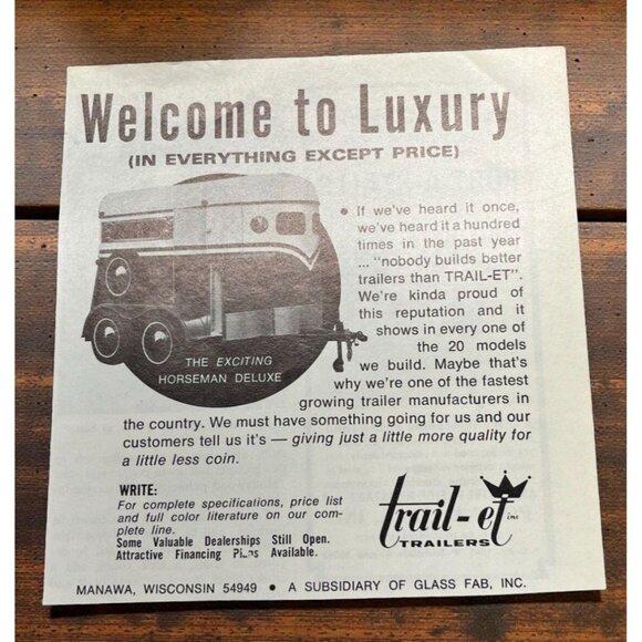 Trail-Et Trailers Vintage Print Ad 1970s Manawa WI Horseman Deluxe Horse Trailer - Picture 1 of 6